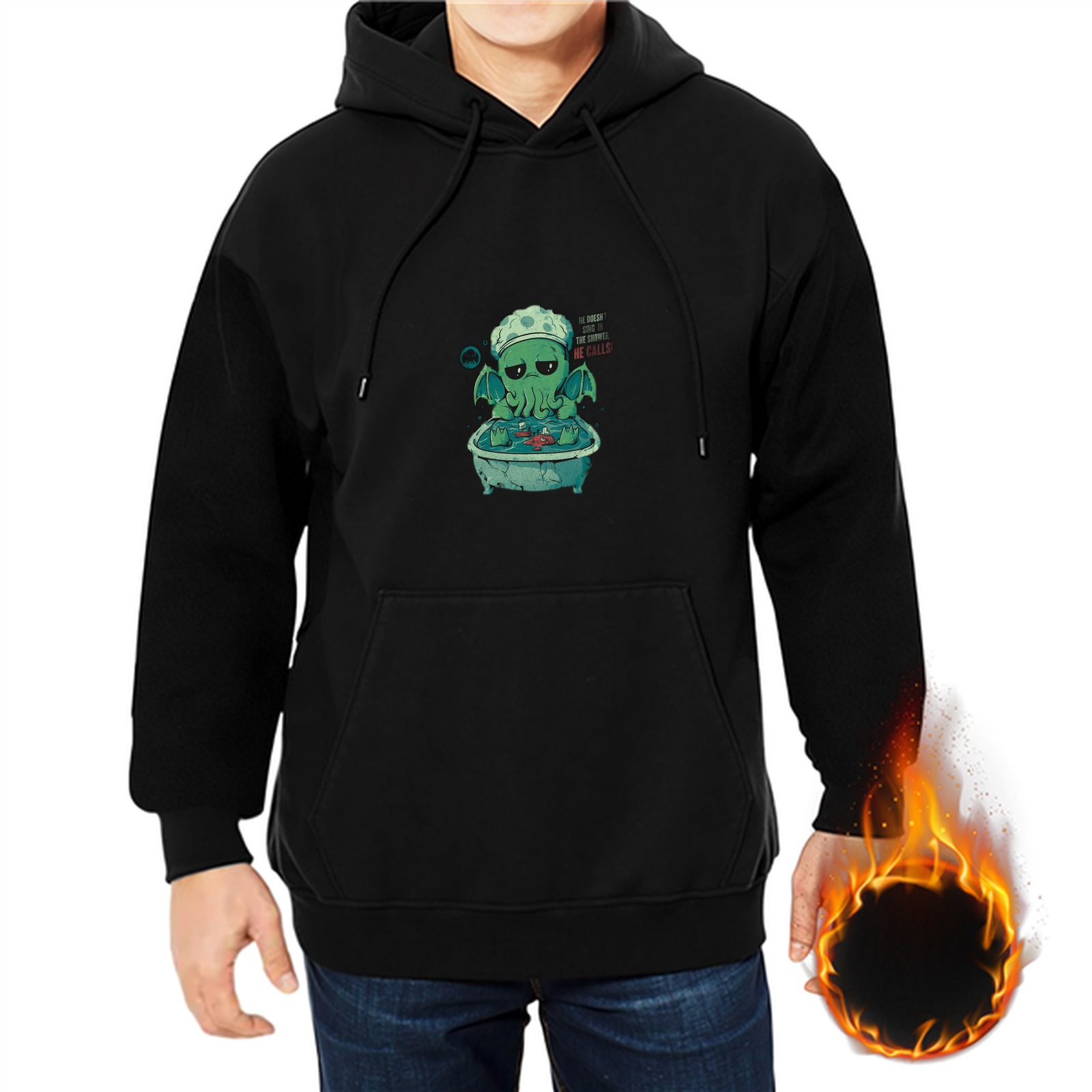 Black Hoodie With Cute Cthulhu Bathing Graphic