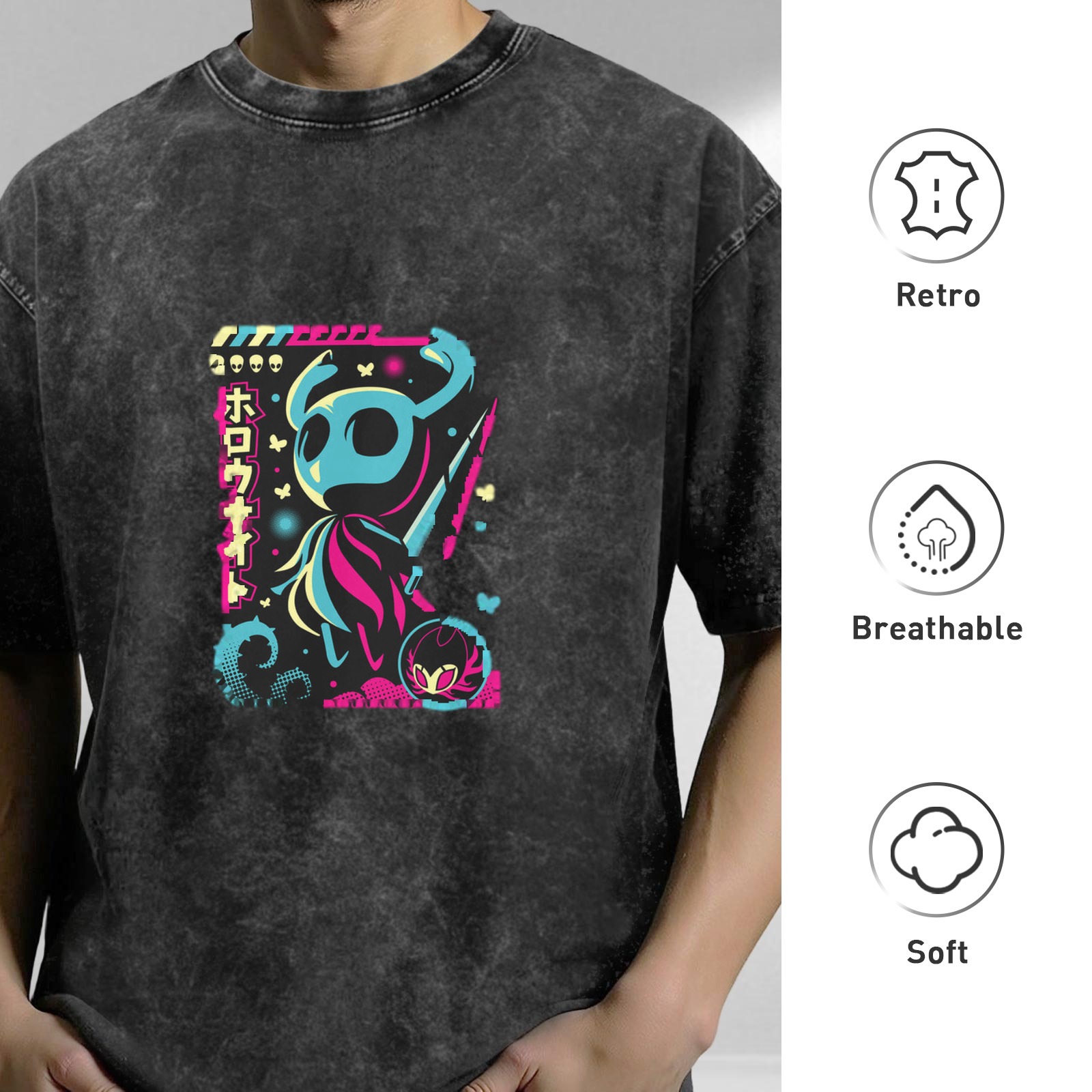 Hollow Knight Neon Graphic Acid Wash Cotton T-Shirt