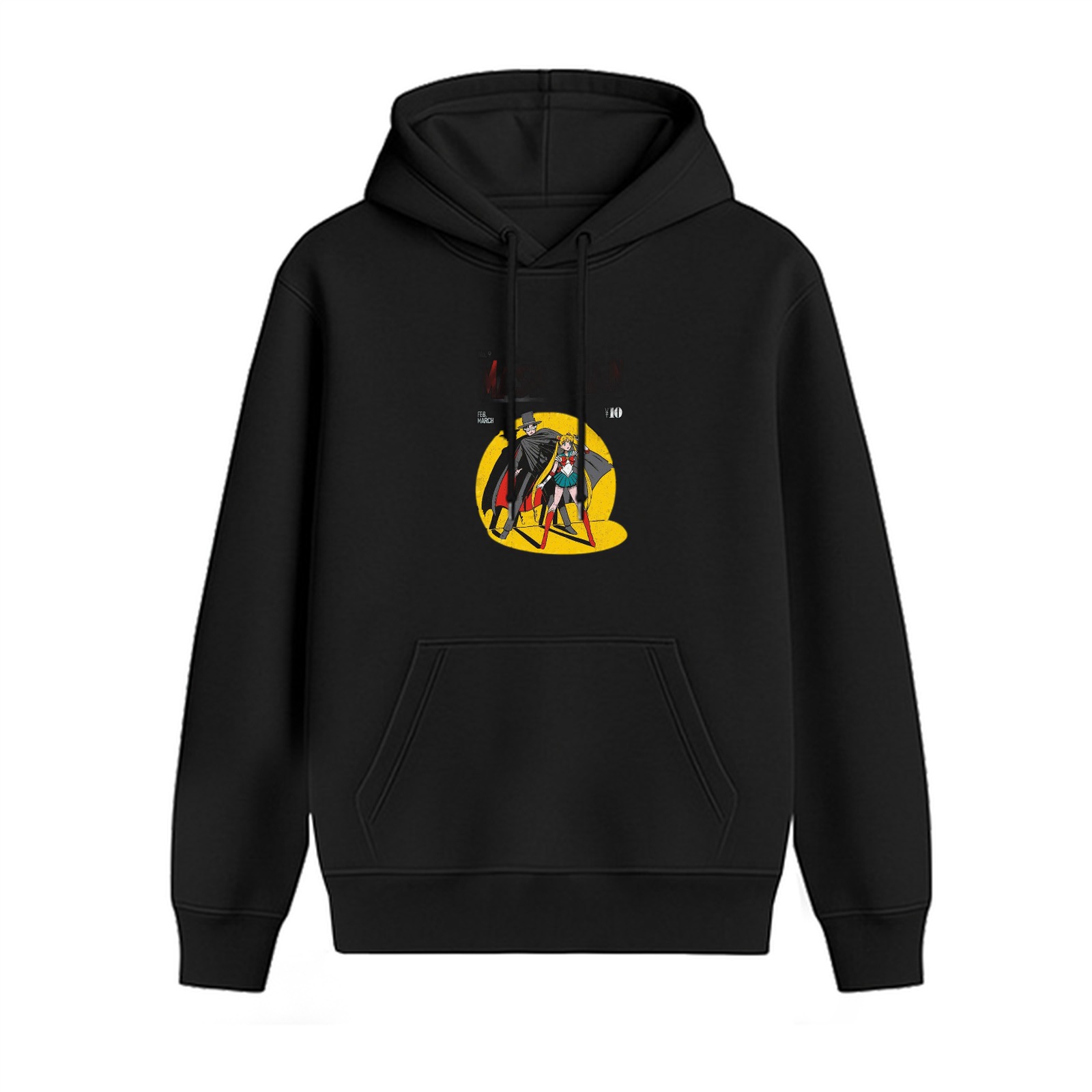 Black hoodie with anime-style masked characters graphic