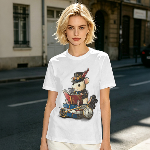 Steampunk mouse reading book graphic olive green t-shirt