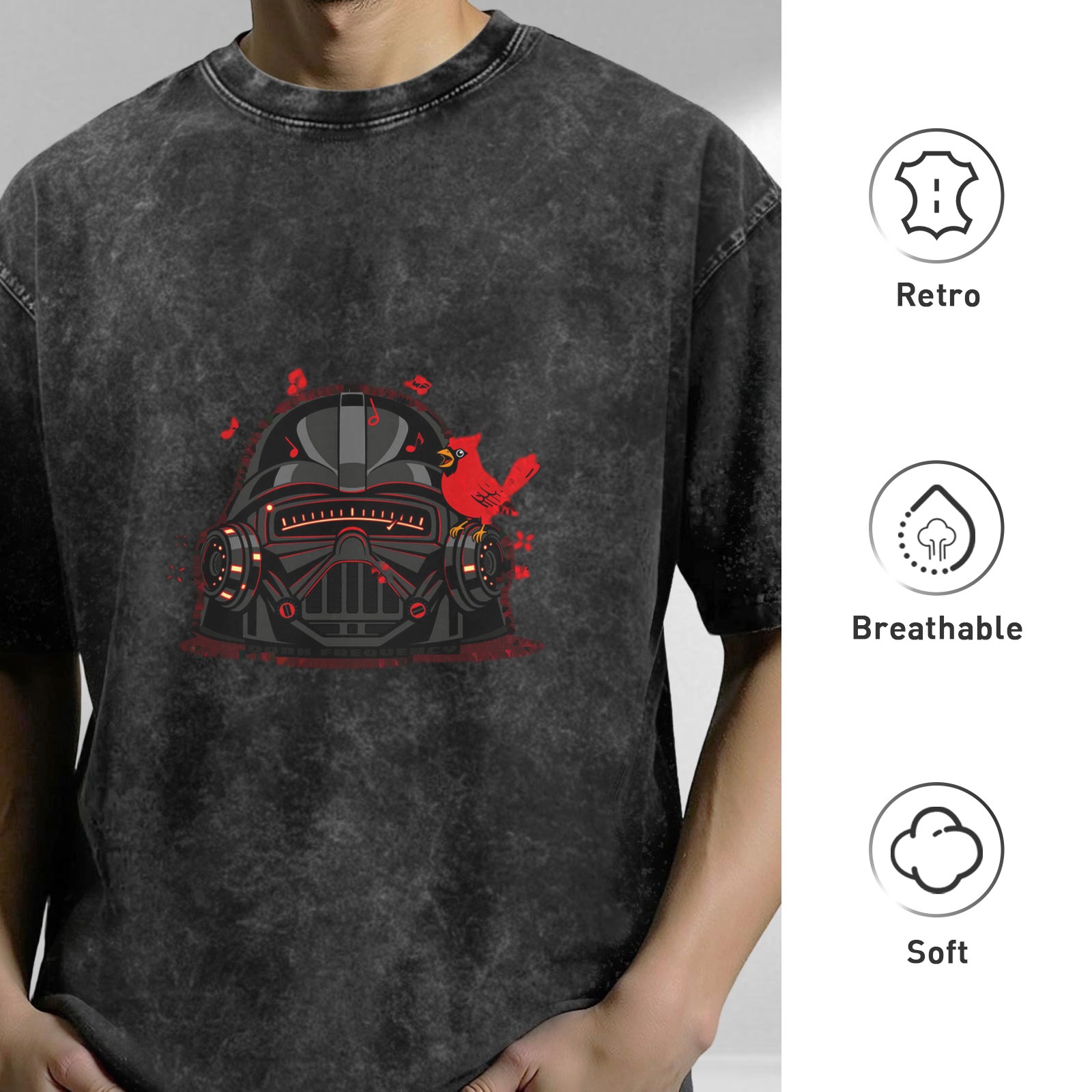 Oversized acid wash t-shirt with Darth Vader helmet and cardinal bird graphic