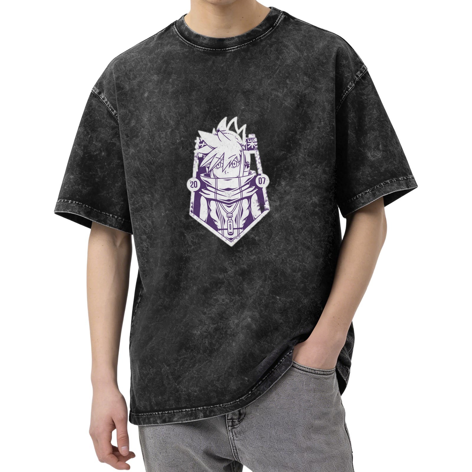 Oversized Acid Wash T-Shirt with Anime Character Graphic