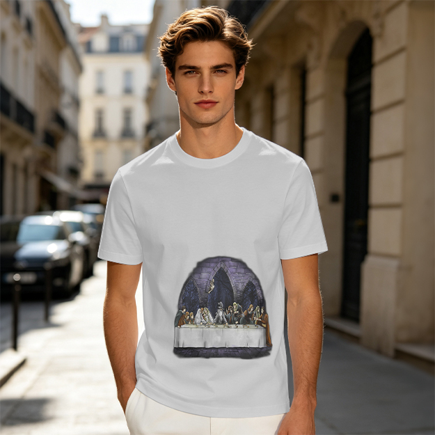 Olive Green T-Shirt with Skeletal Last Supper Graphic Print