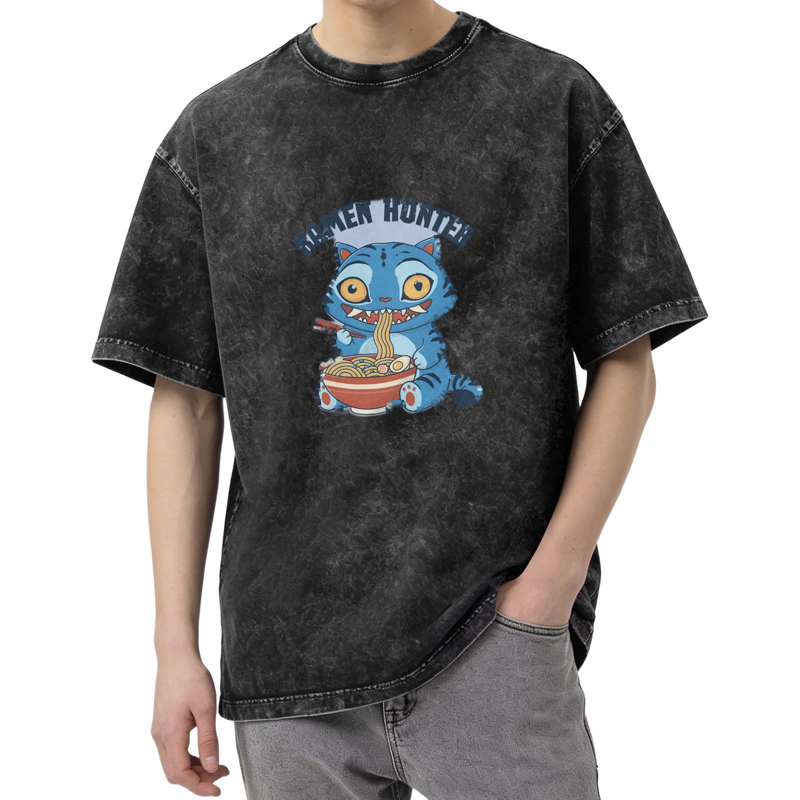 Ramen Hunter Cat Graphic Oversized Acid Wash T-Shirt