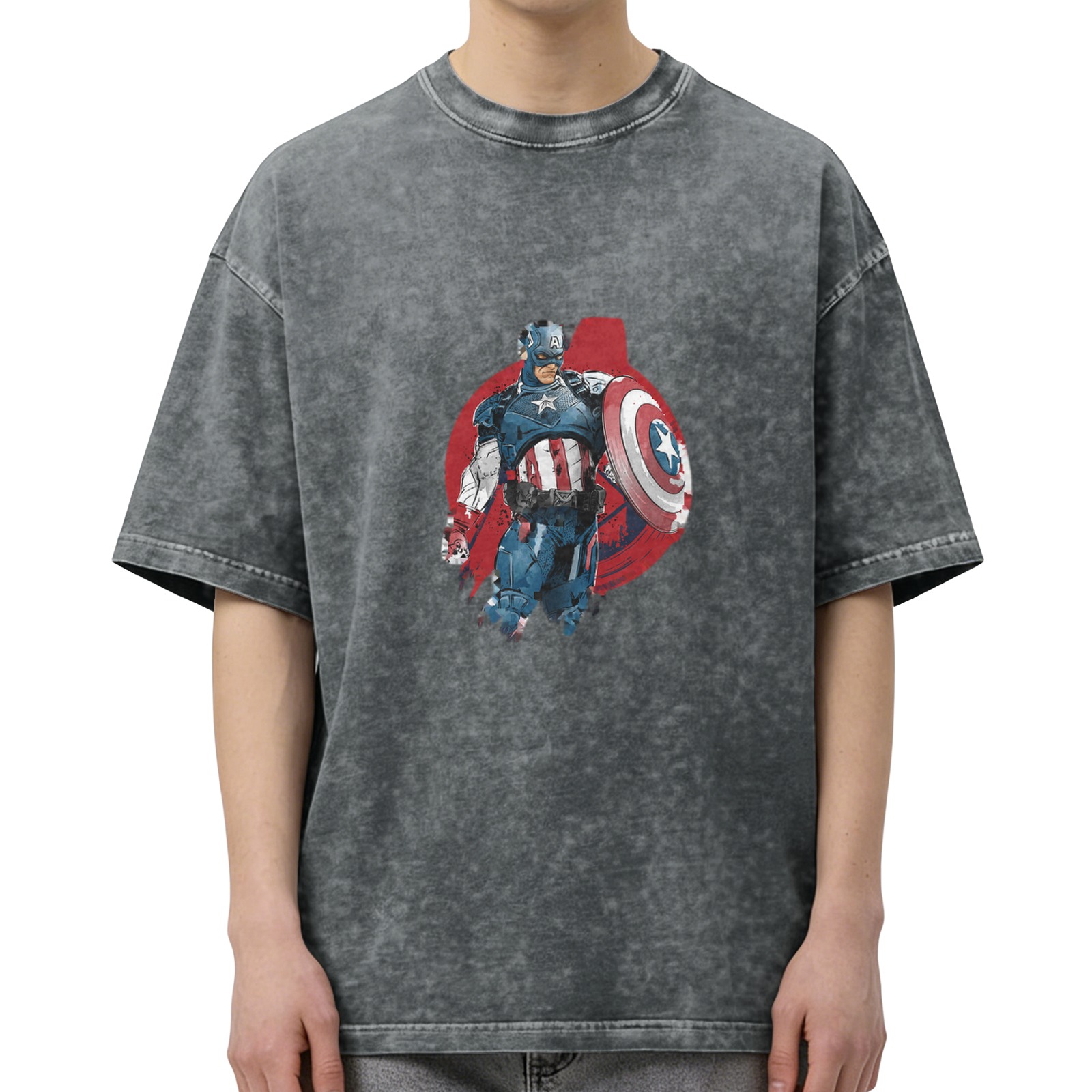 Oversized Acid Wash T-Shirt with Captain America Graphic