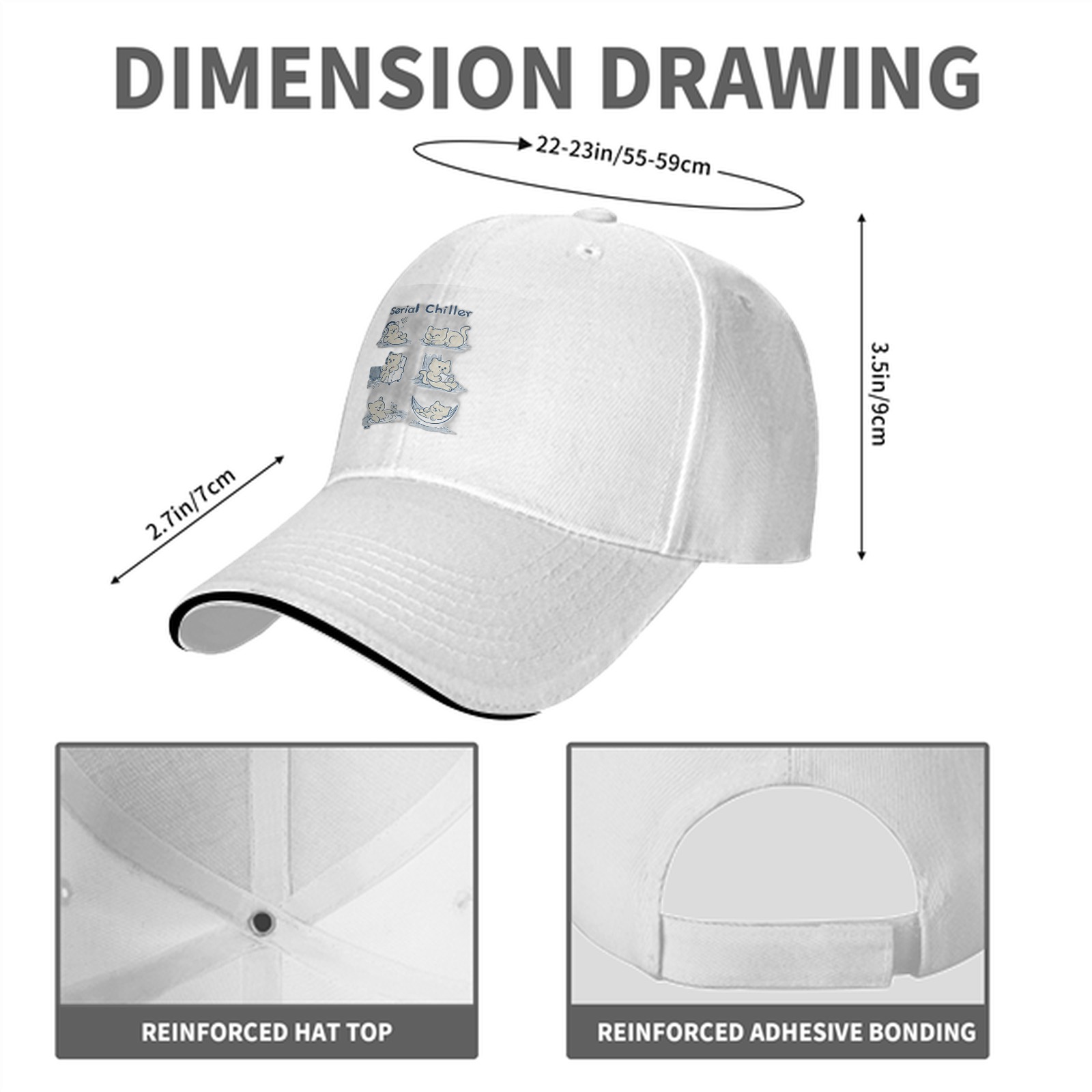Black baseball cap with serial chillax cat illustrations