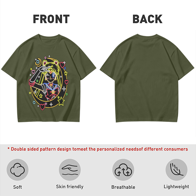 Olive T-Shirt With Neon Sailor Moon Graphic Print