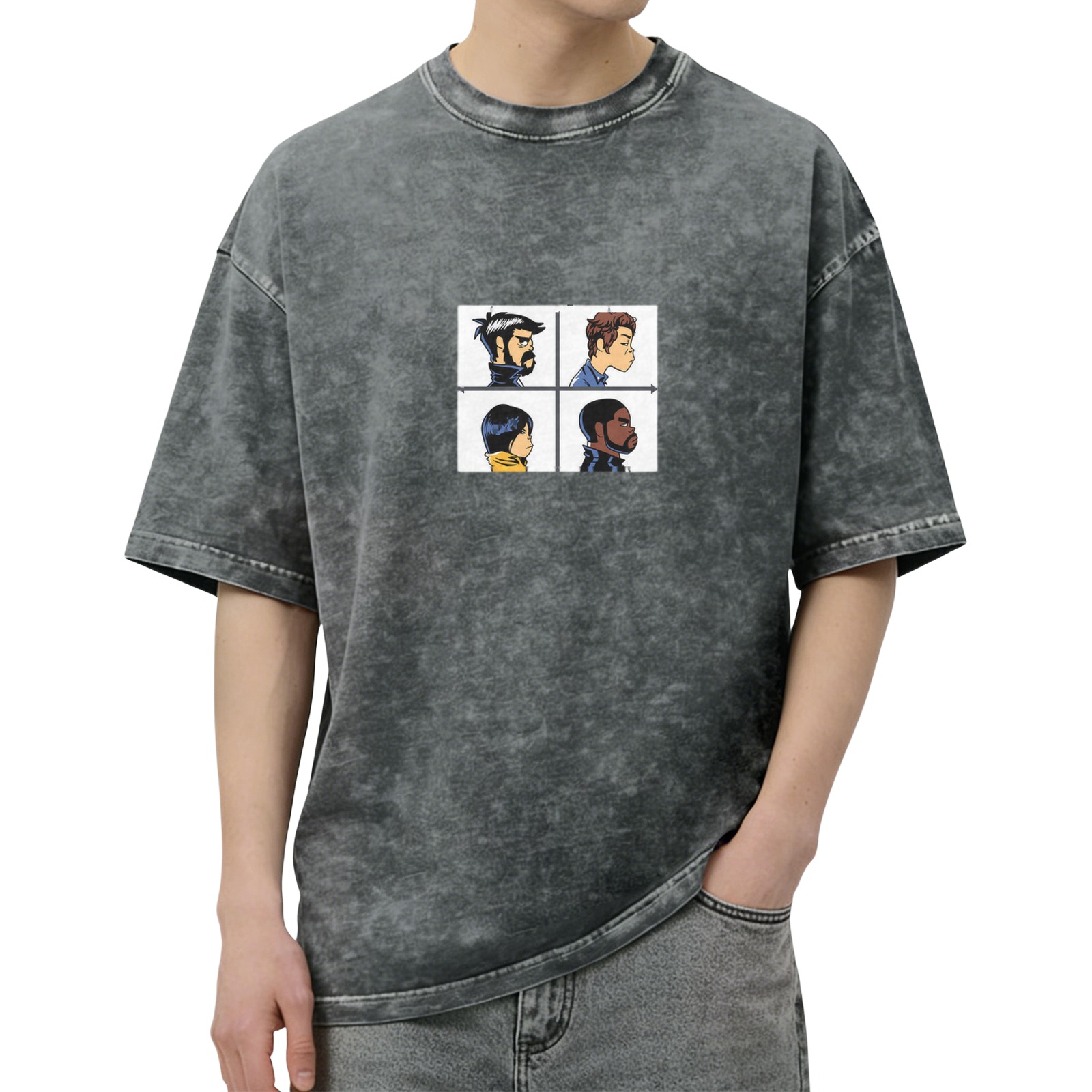 Distressed black short-sleeved T-shirt, four-frame cartoon character print, loose casual top