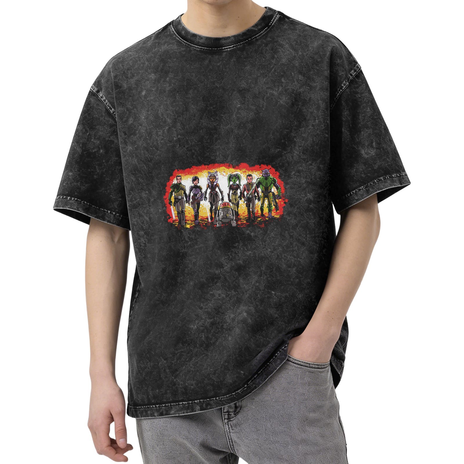 Star Wars Rebels themed distressed short-sleeved T-shirt, retro washed black loose style