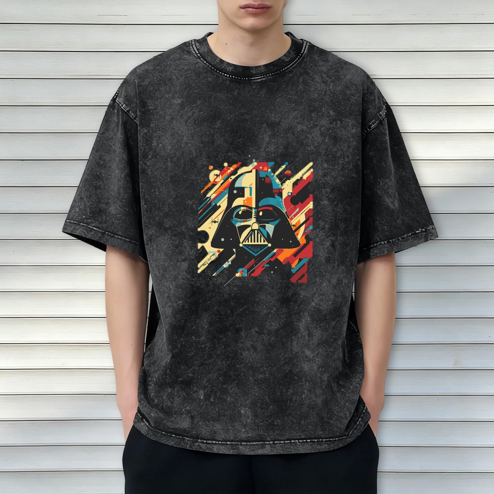 Washed Black T-Shirt with Retro Darth Vader Graphic Print