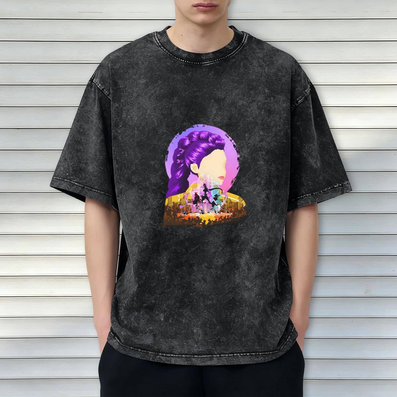 Oversized Acid Wash Graphic T-Shirt with Stylized Purple-Haired Woman Art Print