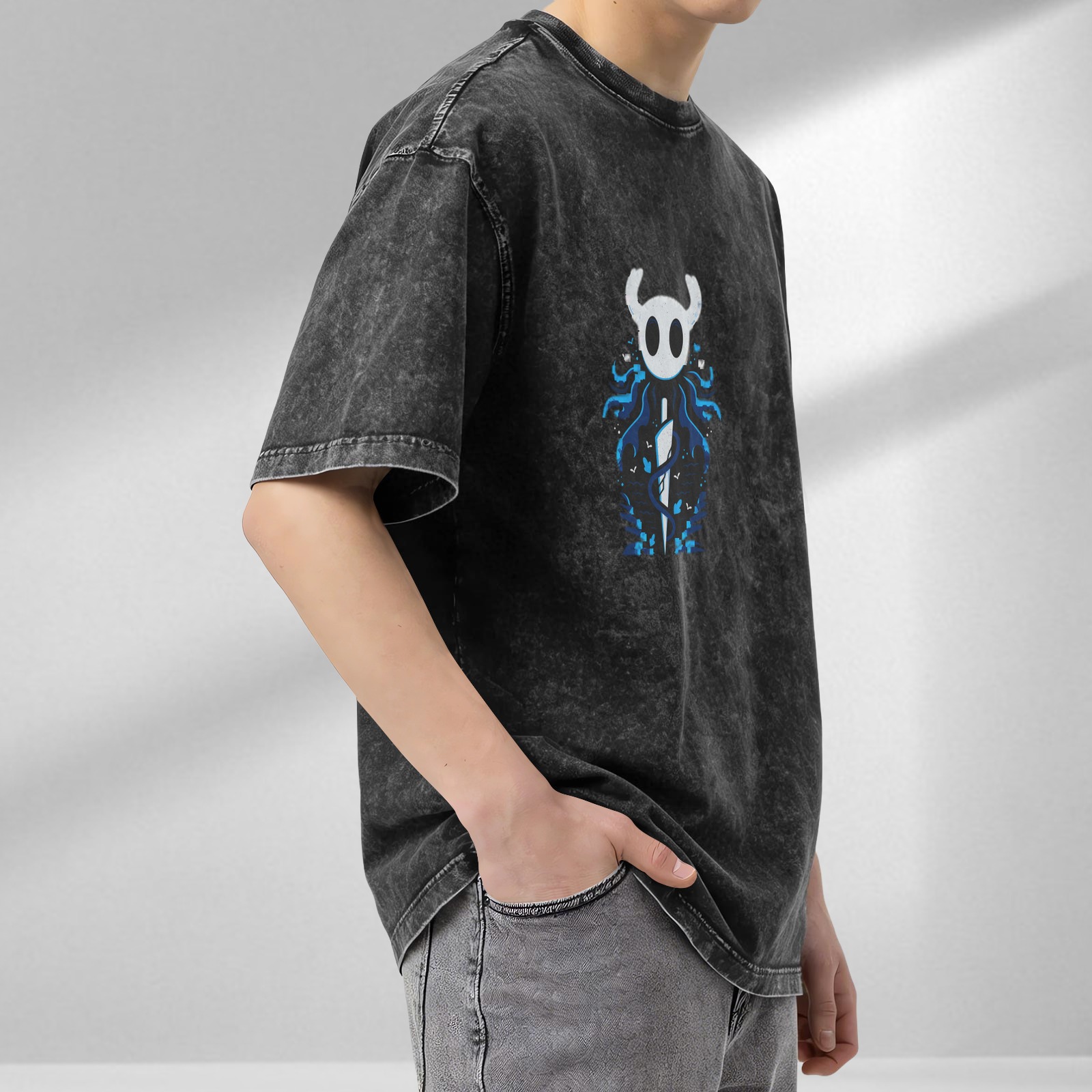 Hollow Knight themed distressed washed black short-sleeved T-shirt and game peripheral printed loose top