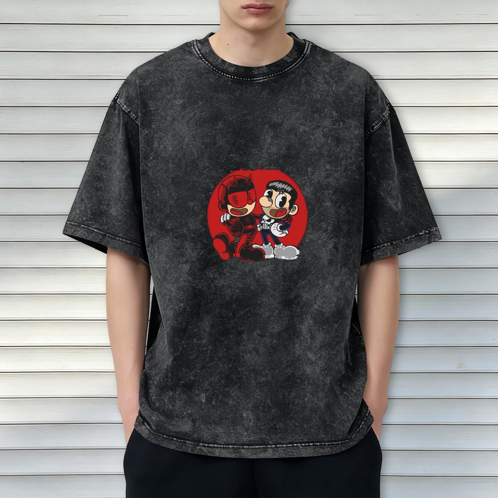 Oversized Washed T-Shirt with Retro Cartoon Superhero Print