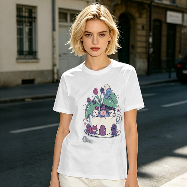 Olive T-Shirt With Whimsical Teacup Kitten Garden Print