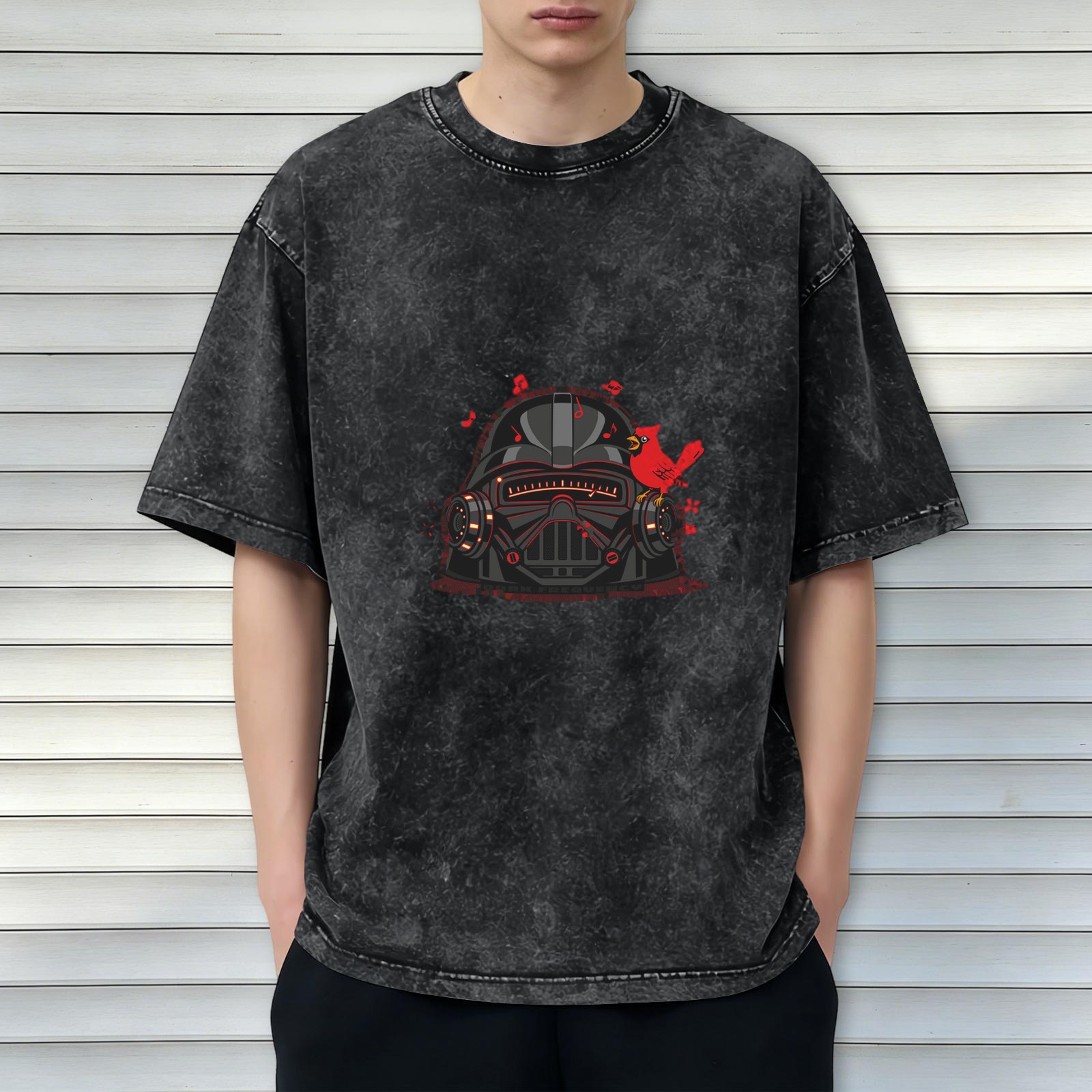 Oversized acid wash t-shirt with Darth Vader helmet and cardinal bird graphic
