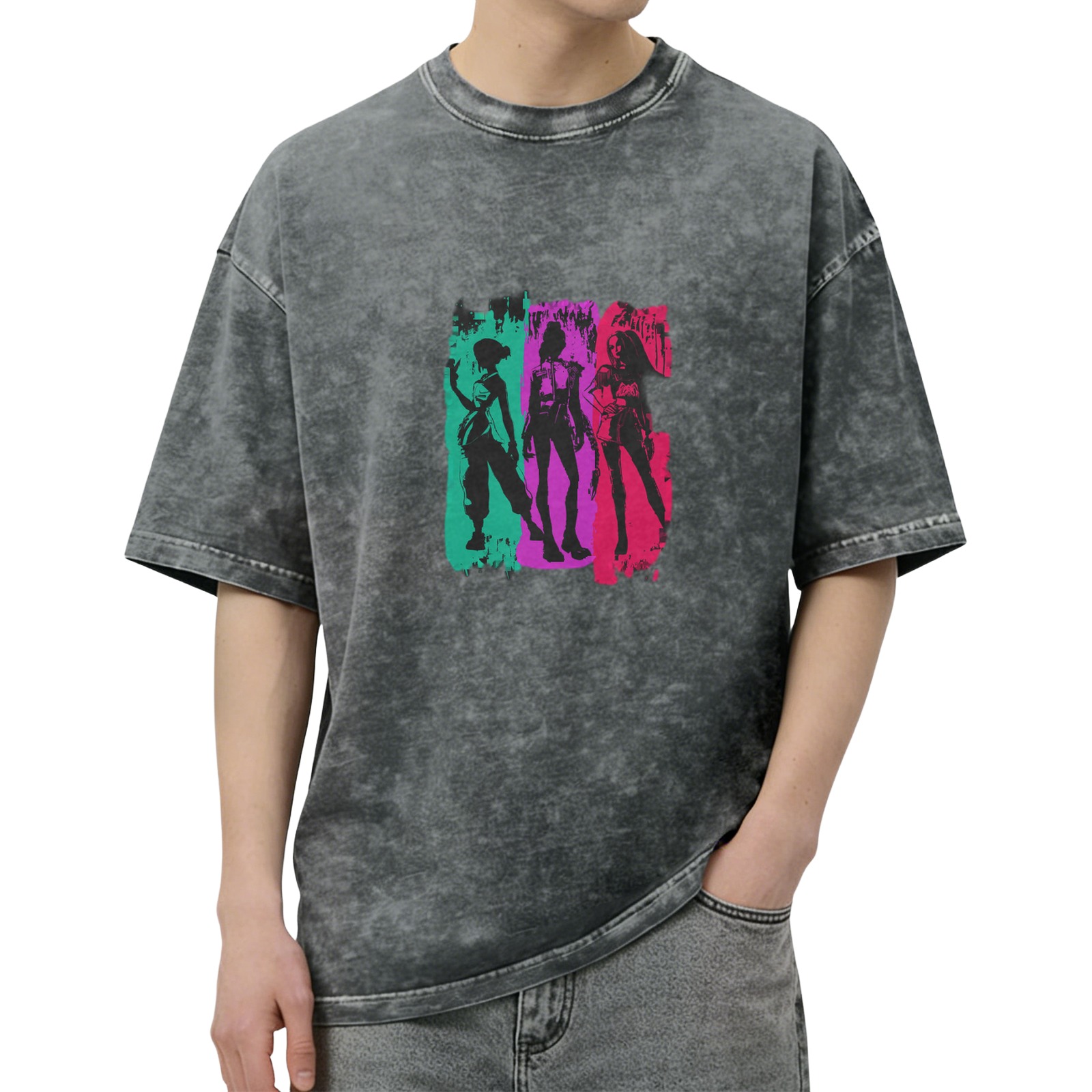 Washed Black T-Shirt with Neon Three Female Silhouette Print