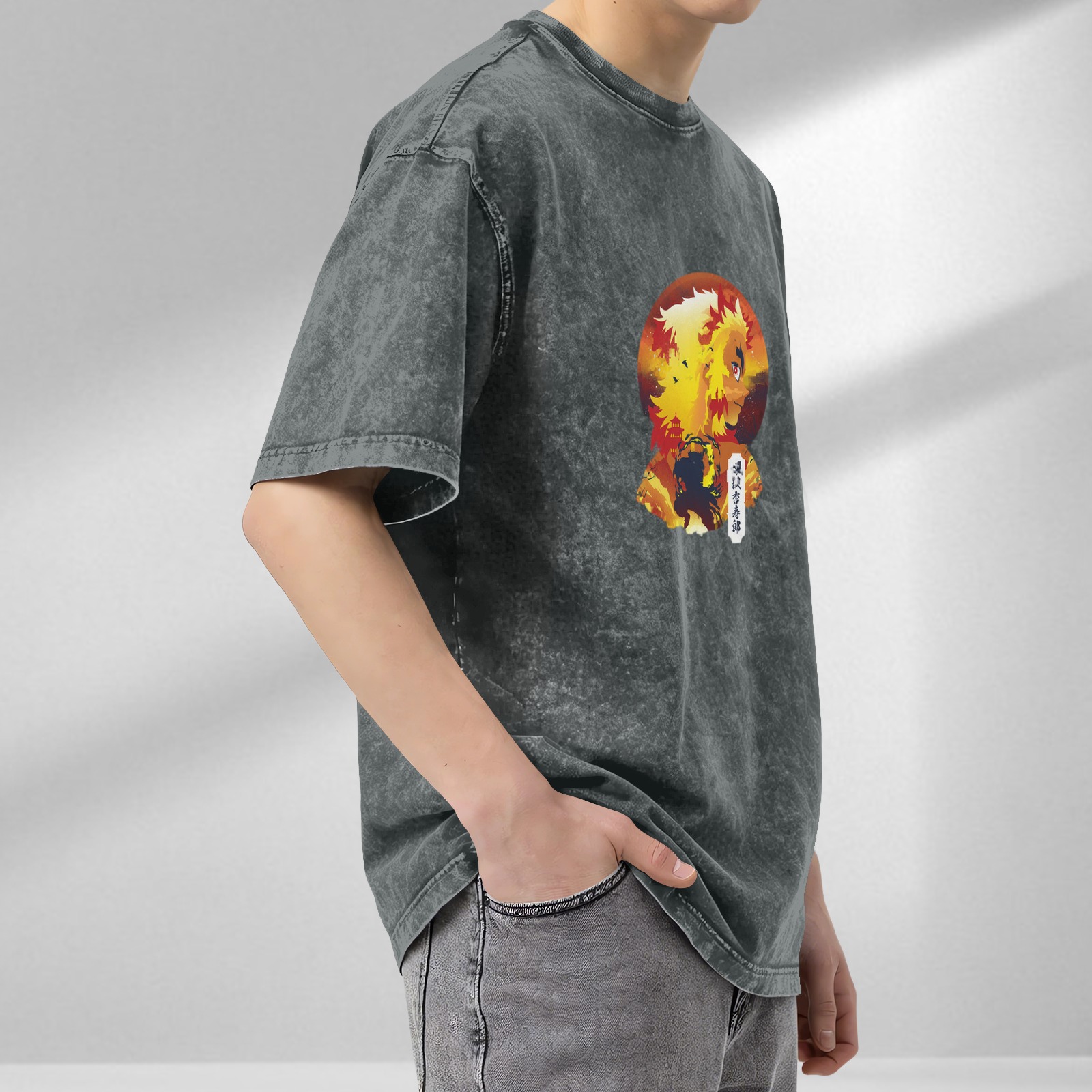 Demon Slayer Rengoku Kyoujurou Flame Hashira Anime Graphic Vintage Wash T-Shirt