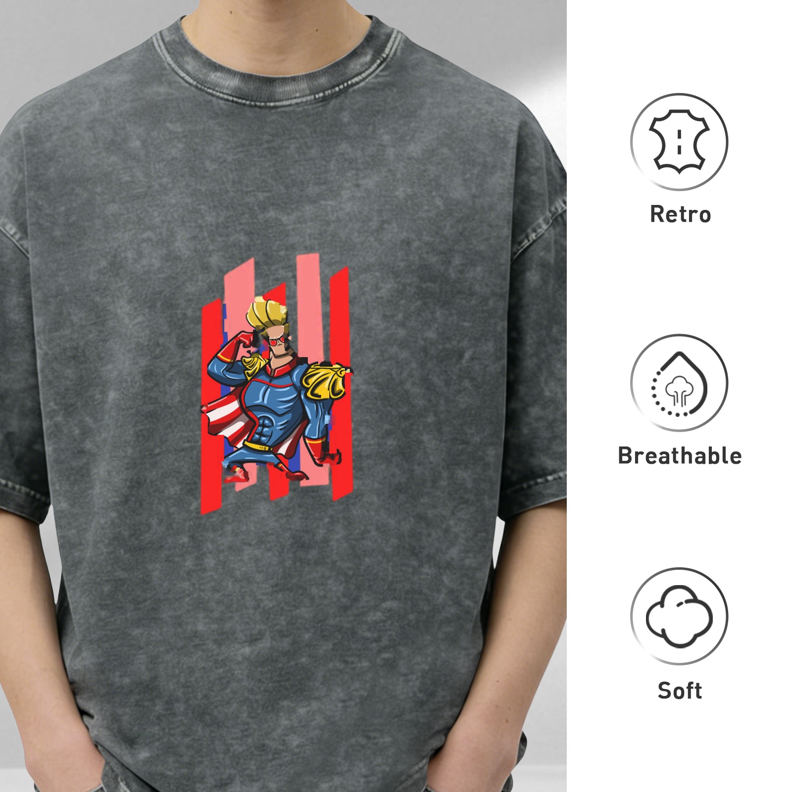 Oversized Acid Wash T-Shirt With Cartoon Superhero Graphic