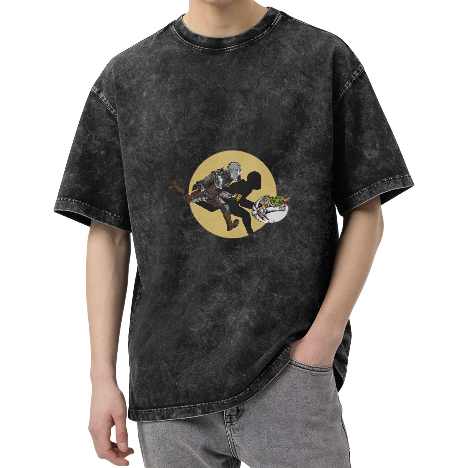 Washed black graphic t-shirt with Star Wars Mandalorian and Grogu design