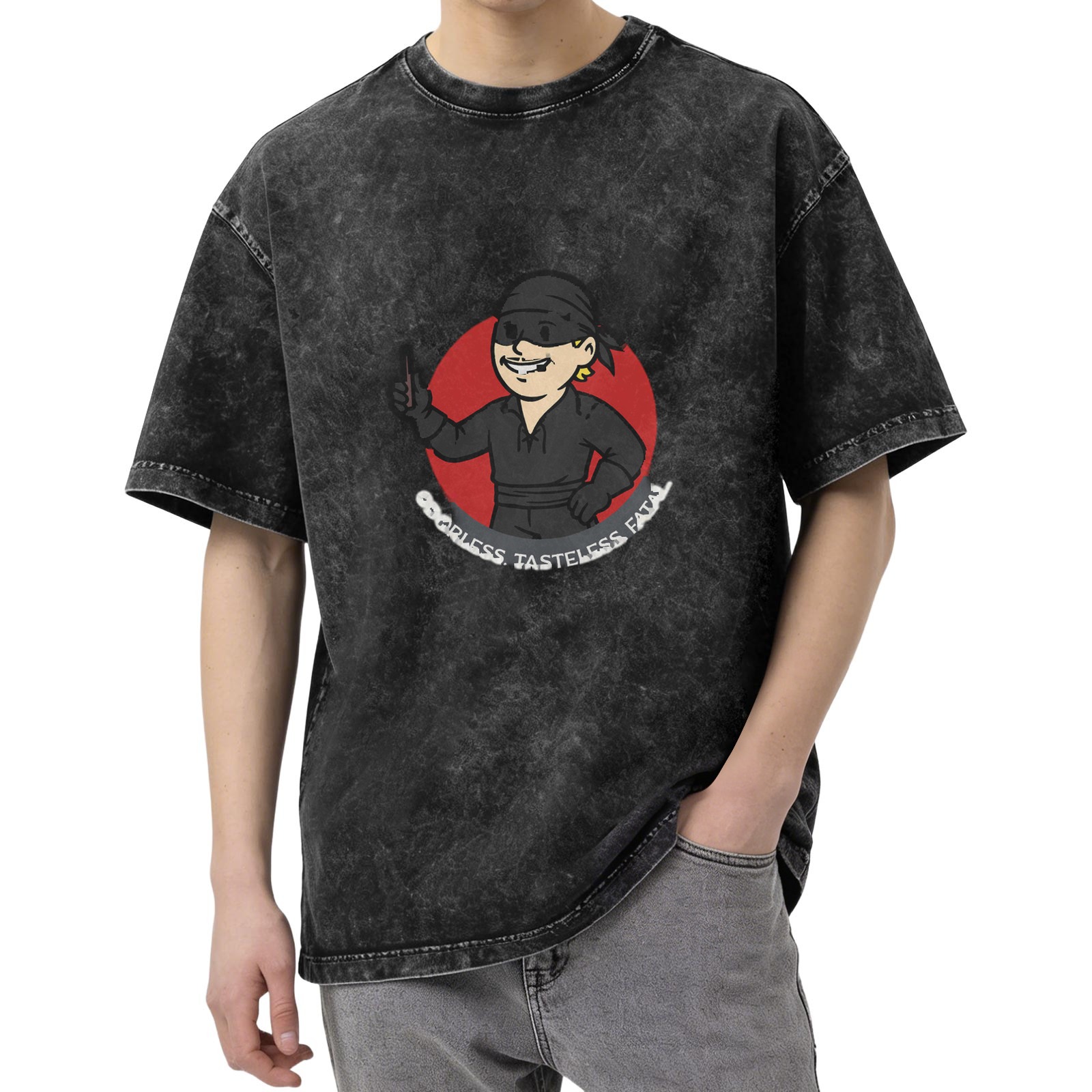 Washed black t-shirt with masked swordsman graphic and funny text