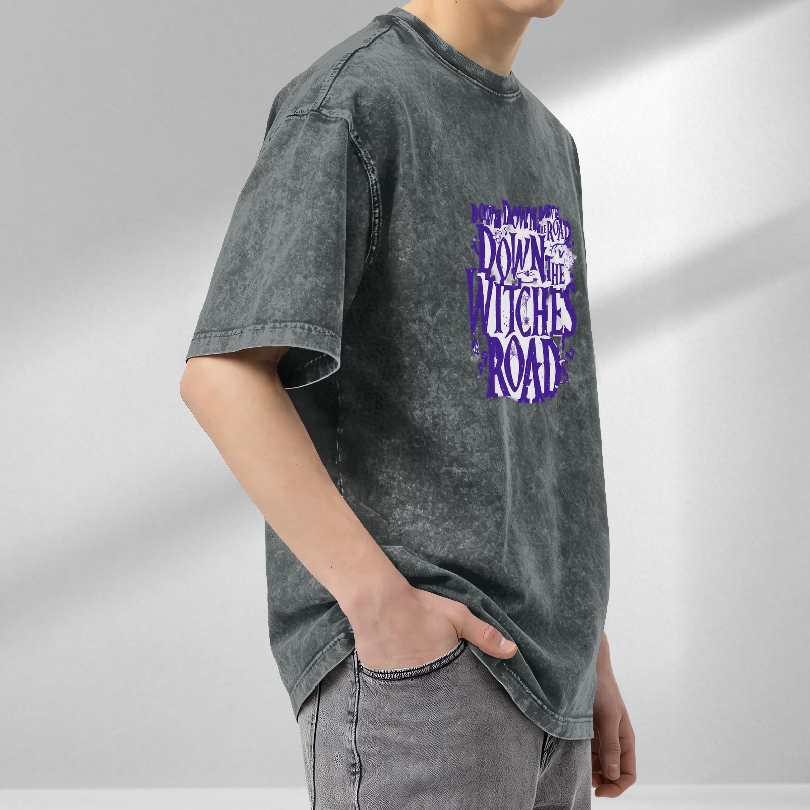 Washed Black Graphic T-Shirt with Down The Witches Road Text
