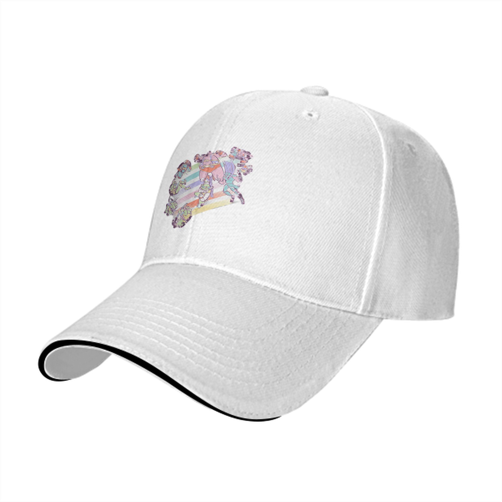 Black Baseball Cap With Pastel Rainbow Anime Character Print
