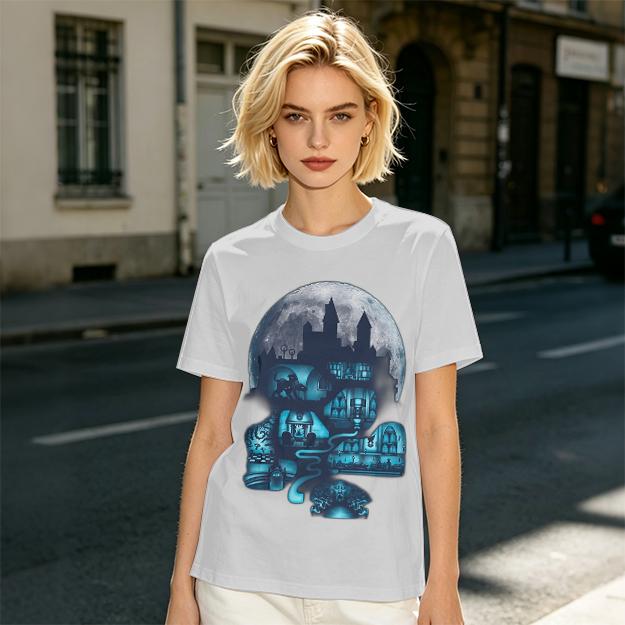 Olive T-Shirt With Glowing Castle Moon Night Graphic Print