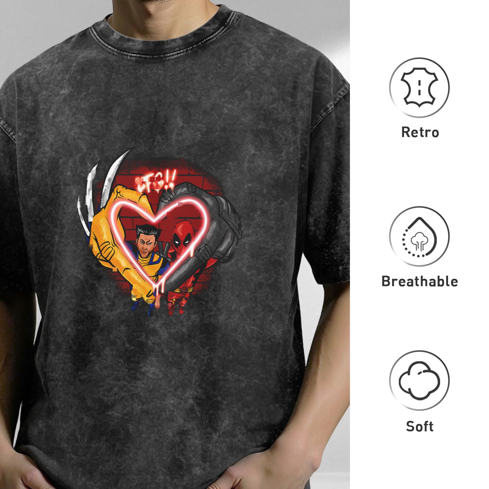 Wolverine and Deadpool Heart Neon Graphic T-Shirt