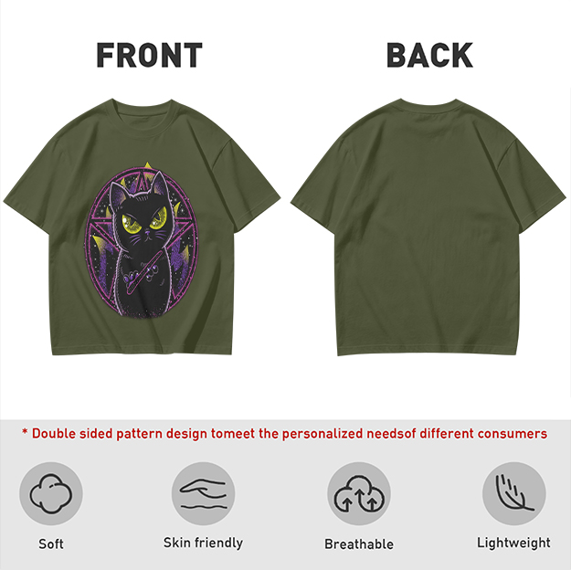 Olive T-shirt with Black Cat Pentagram Gothic Art Print