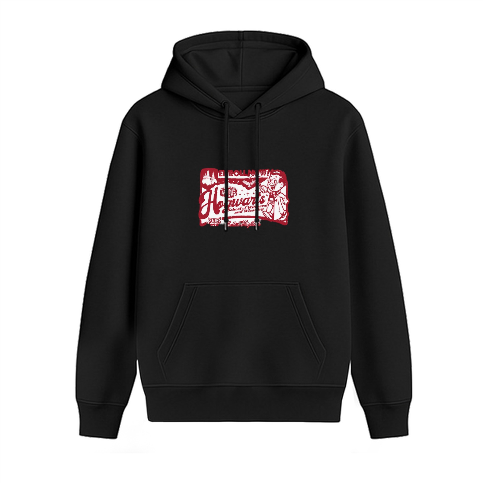 Black hoodie with Hogwarts themed graphic print