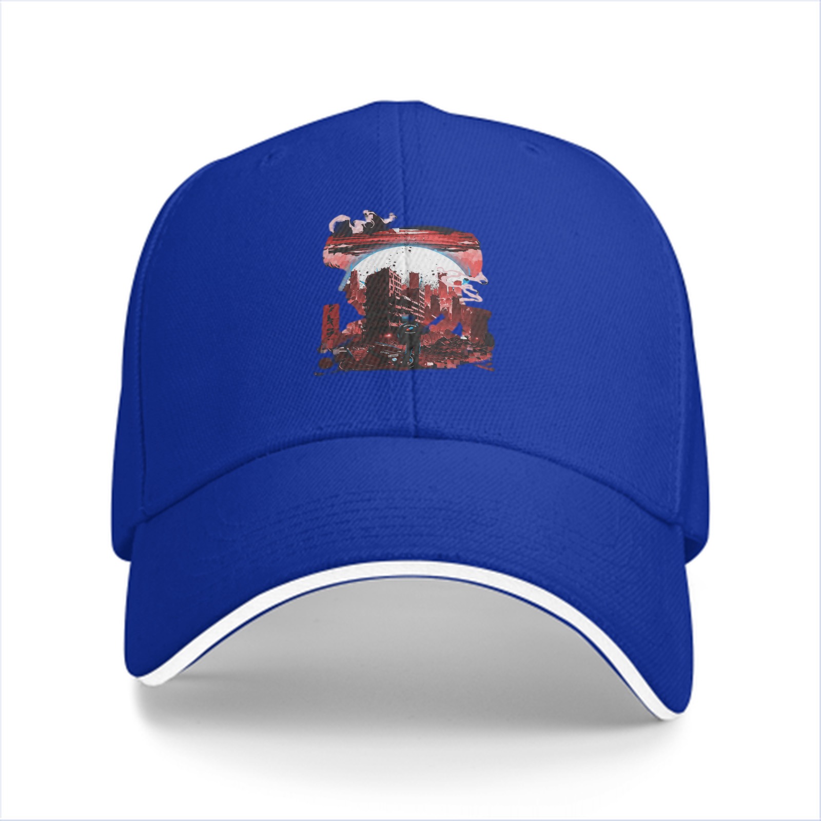 Black Baseball Cap with Abstract Red Cityscape Print