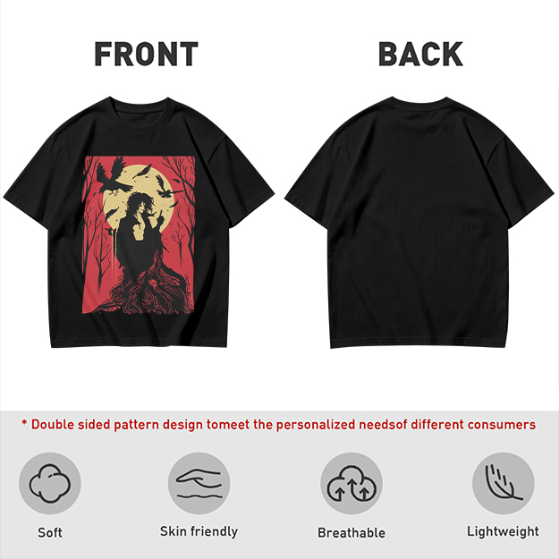 Olive T-Shirt With Gothic Crow And Moon Graphic Print