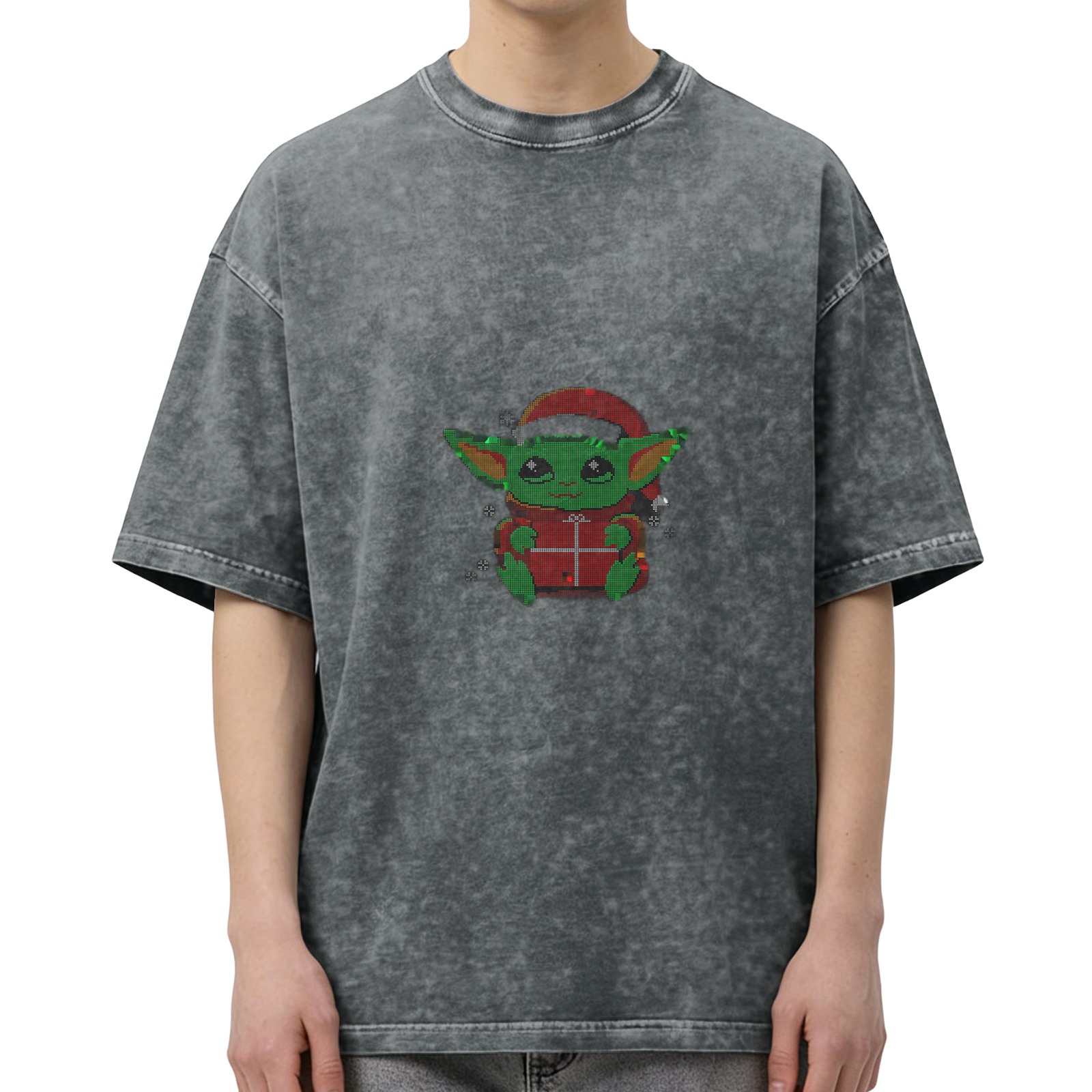 Washed black t-shirt with Christmas Baby Yoda graphic