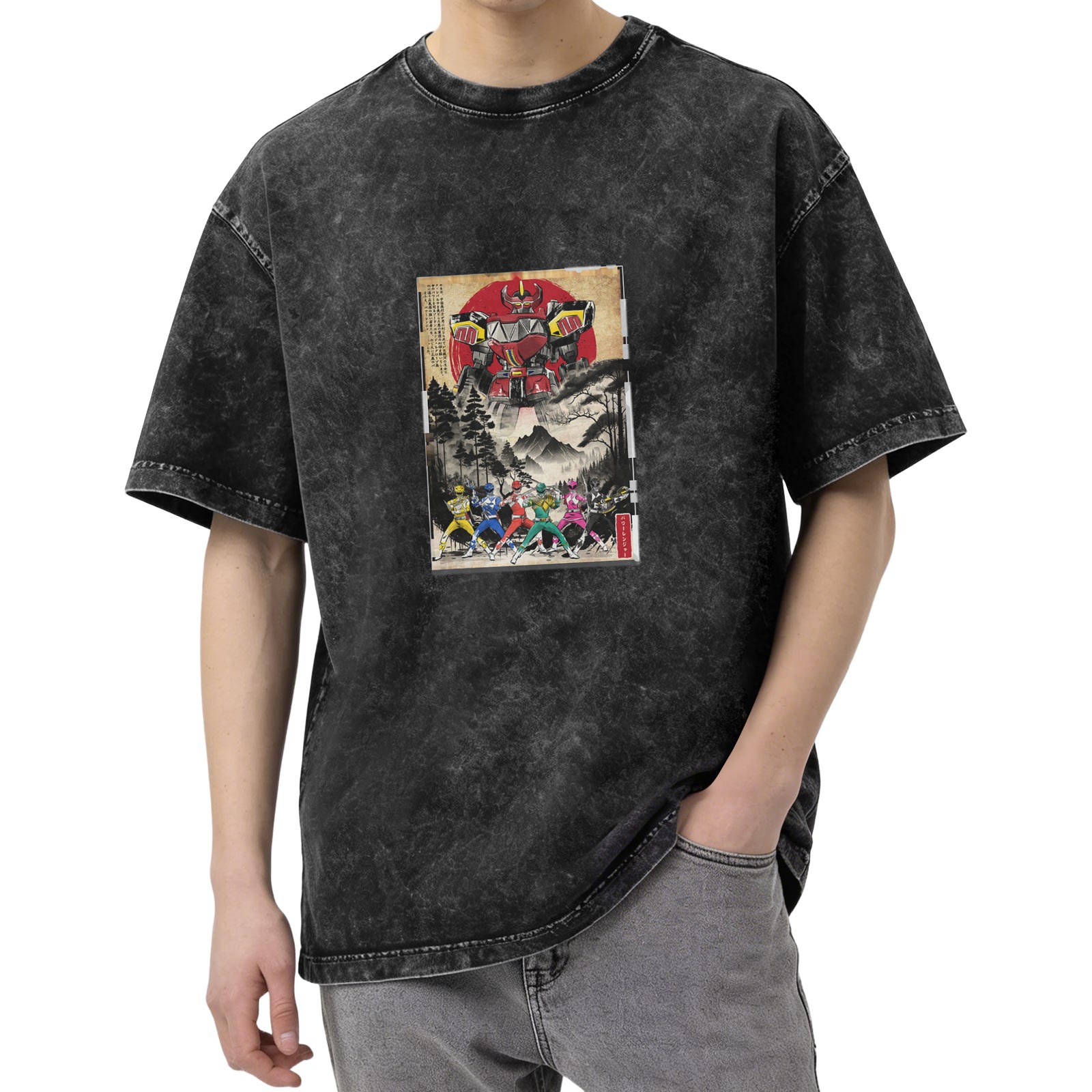 Retro washed black short-sleeved T-shirt Japanese Ukiyo-e style Super Sentai pattern Loose casual distressed top
