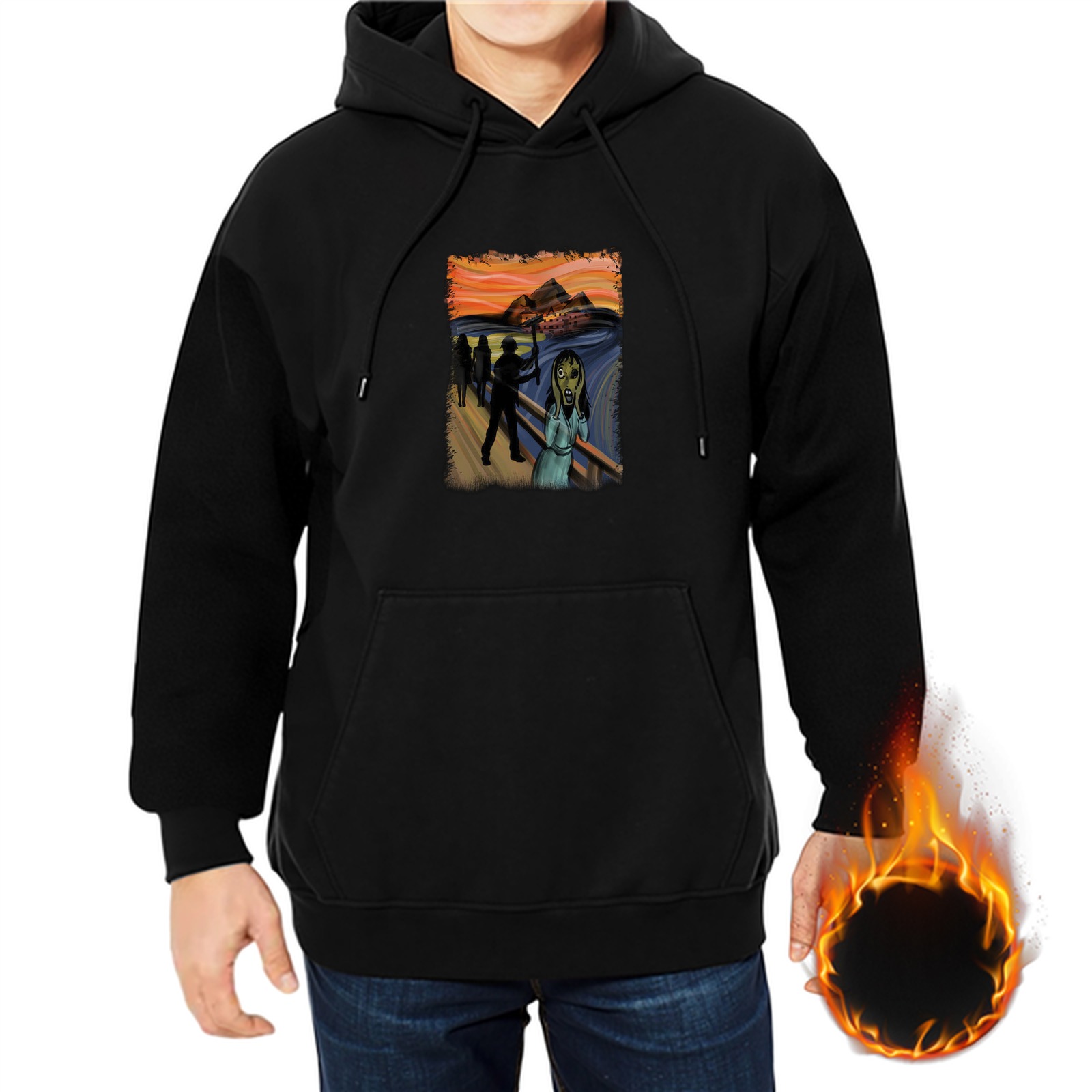 Black hoodie with The Scream horror mashup graphic print