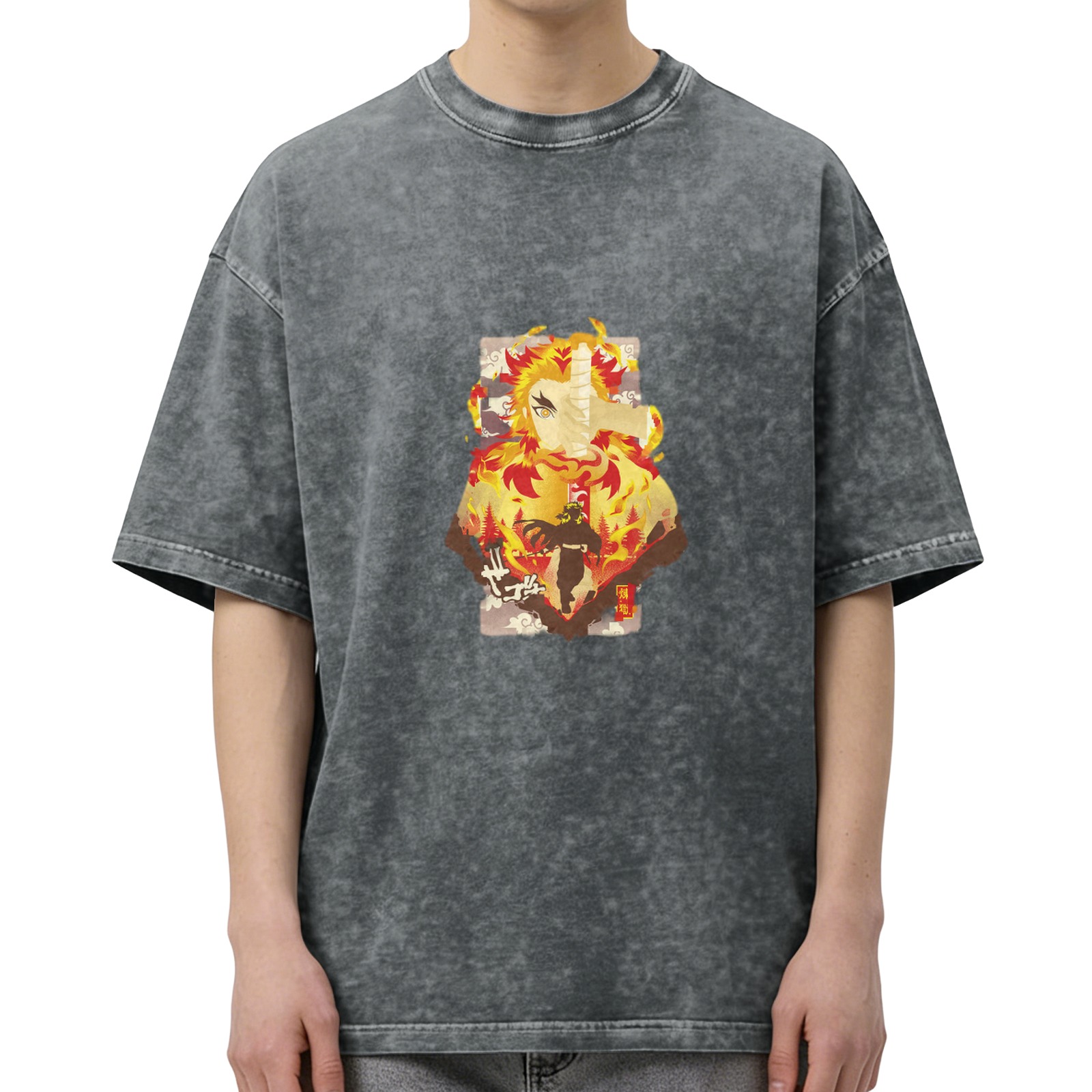 Demon Slayer Kyojuro Rengoku Flame Hashira Anime Graphic Oversized Vintage Wash T-Shirt