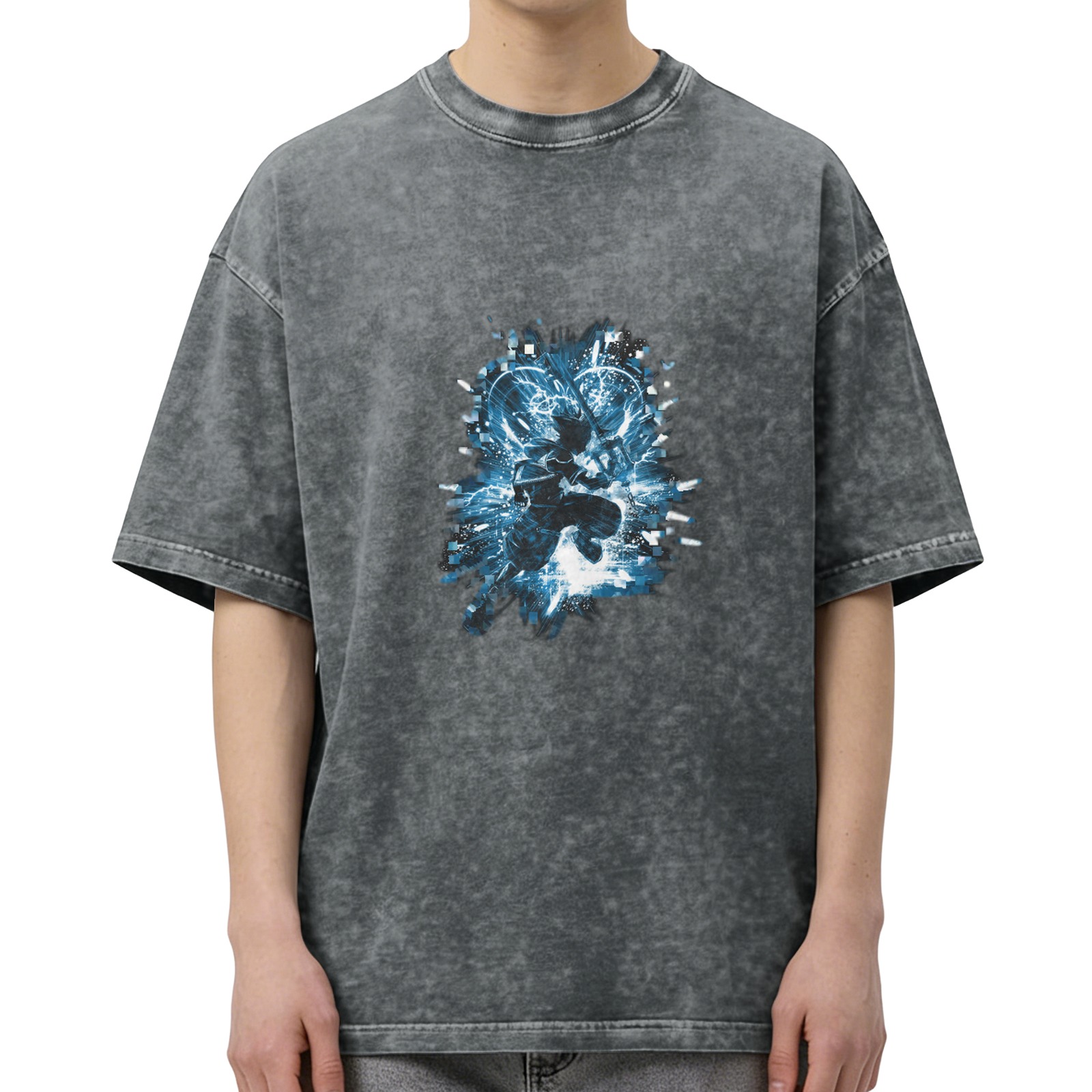 Washed black graphic t-shirt with blue anime action character print