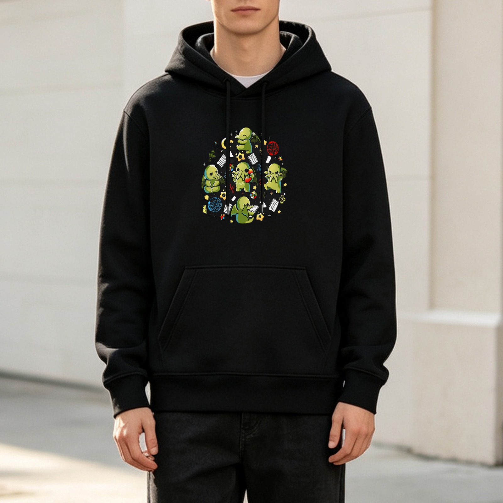 Black Hoodie With Cute Chibi Cthulhu Artwork Print