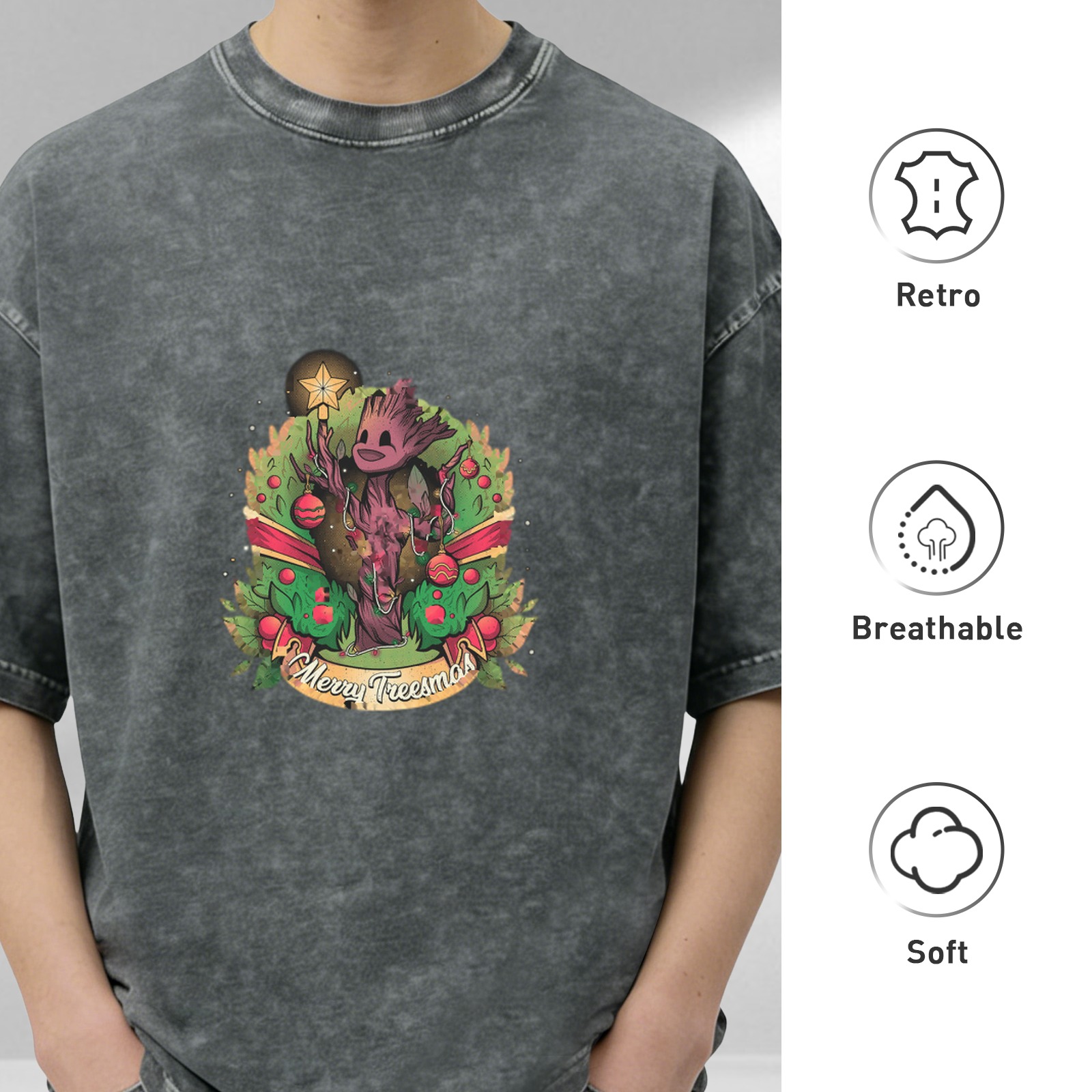 Oversized dark washed t-shirt with Groot Merry Treesmas Christmas print