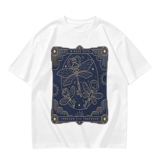 Olive t-shirt with winged keys tarot-style graphic design