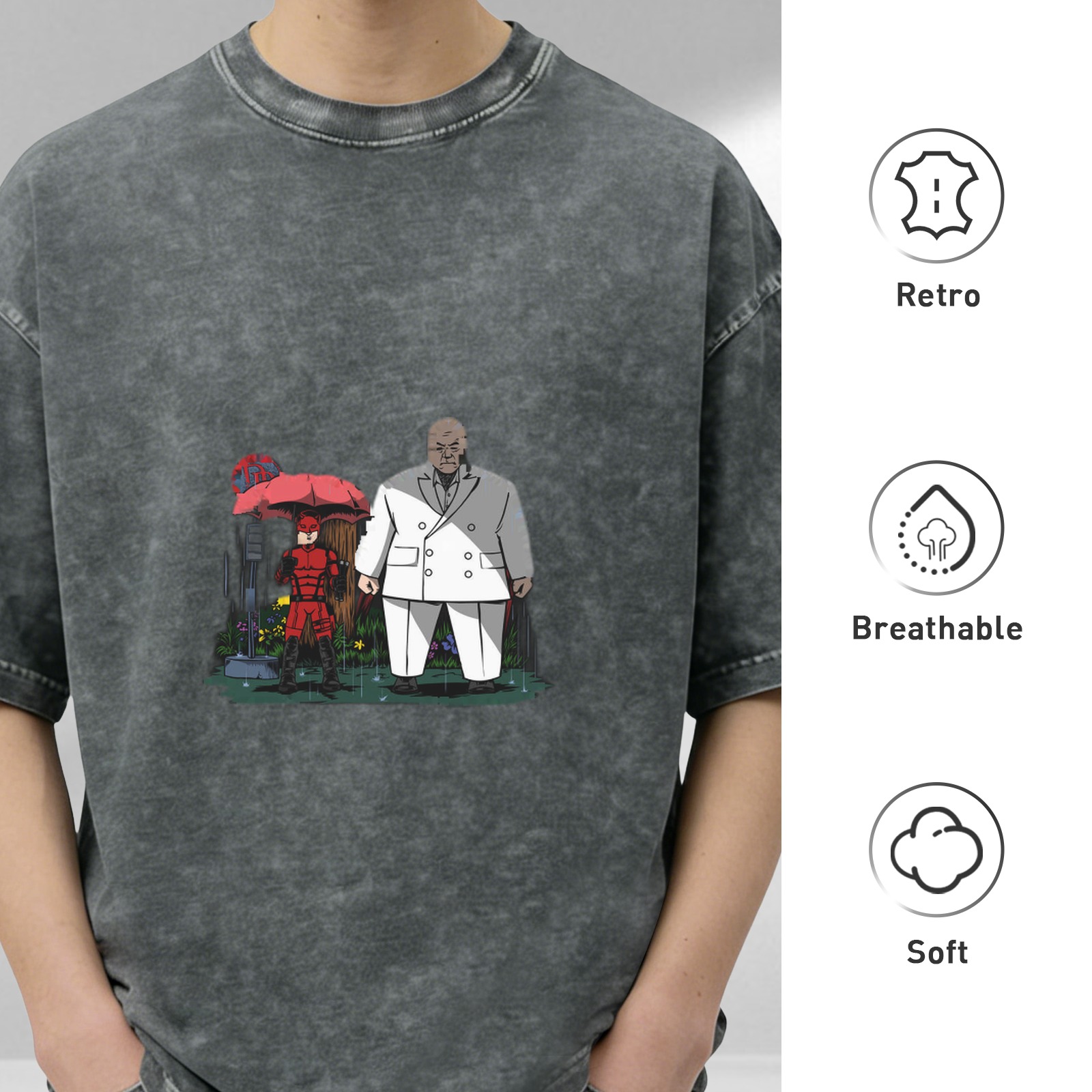 Washed black graphic t-shirt with Daredevil and Kingpin in rain