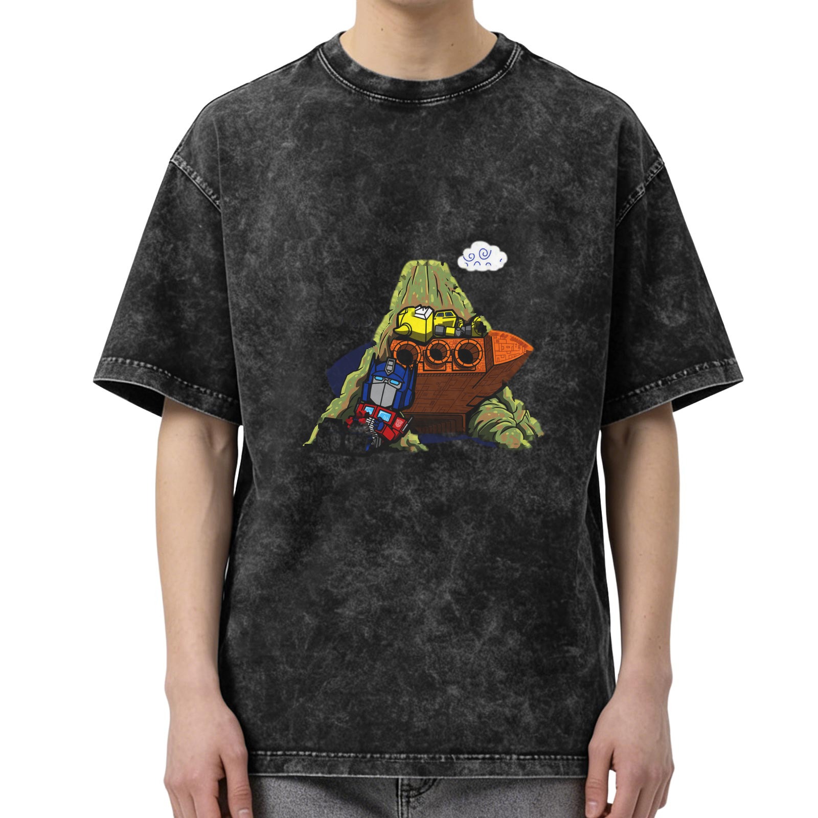 Distressed washed black loose short-sleeved T-shirt Cartoon Transformers printed casual top