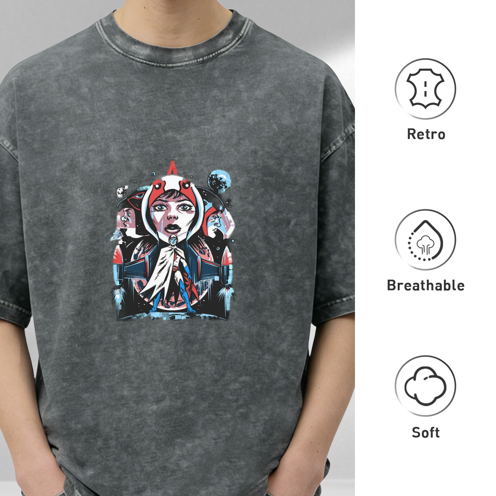 Washed Black Oversized T-Shirt with Retro Space Anime Graphic Print
