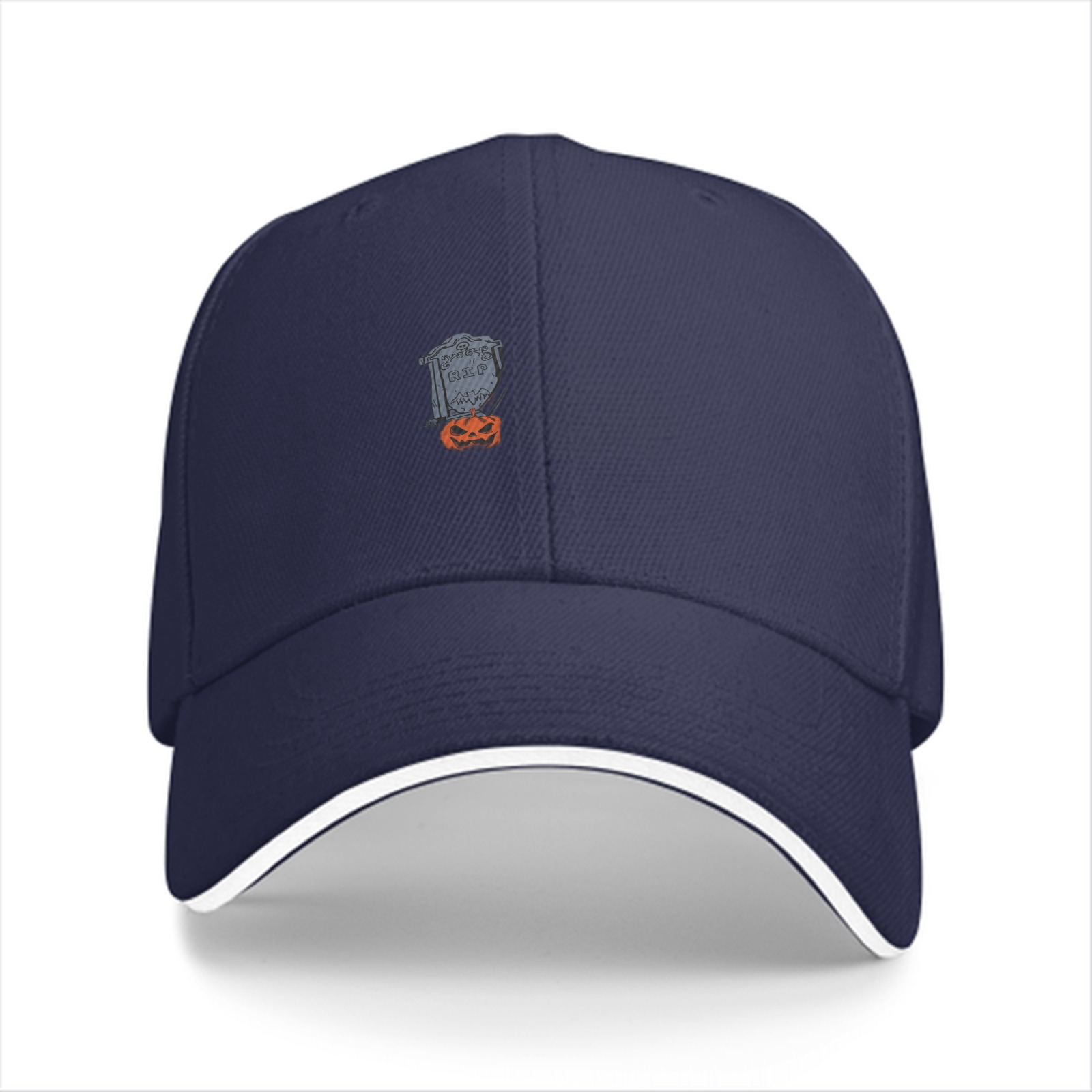 Black Baseball Cap with Halloween Tombstone and Jack-o'-lantern Graphic