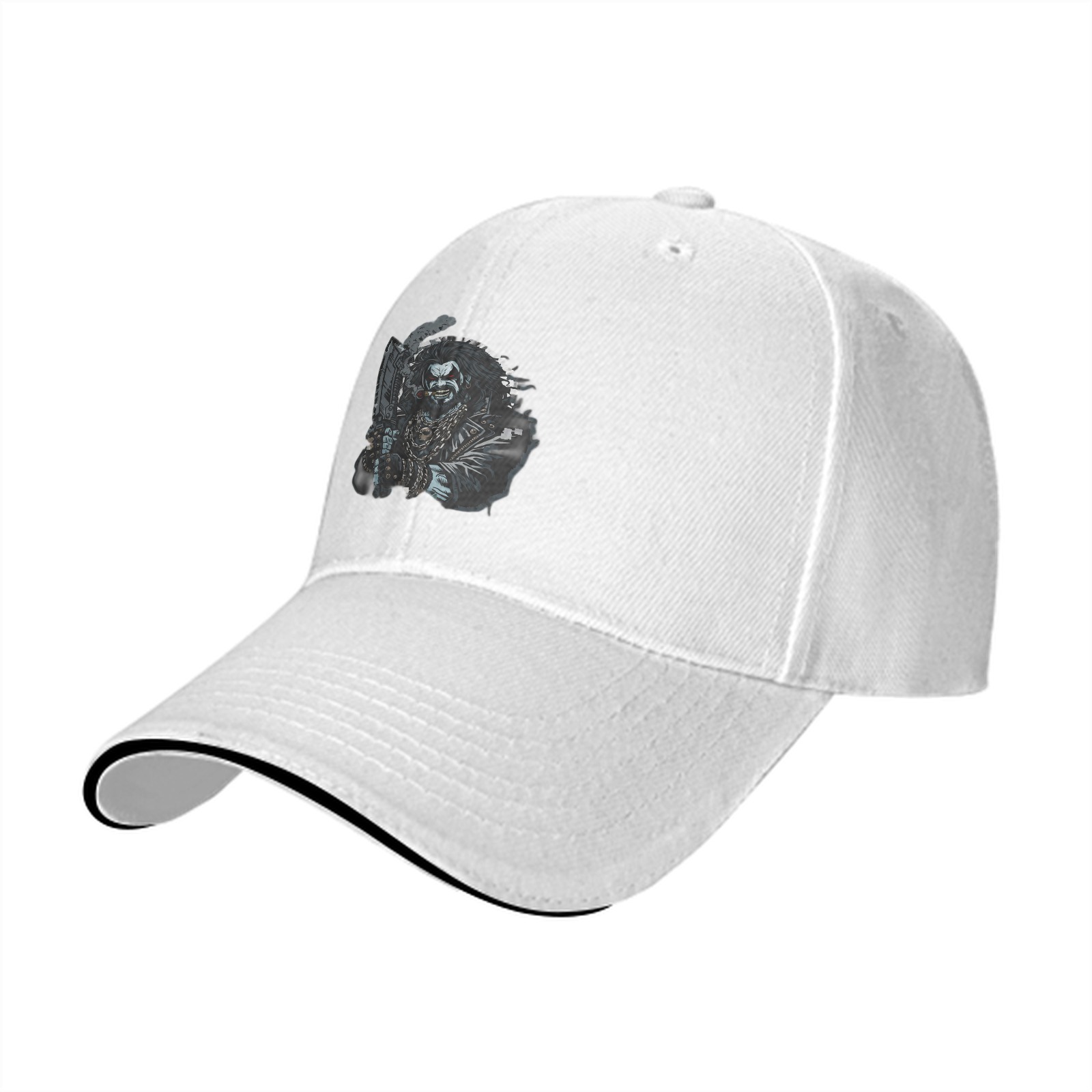 Black Baseball Cap With Tough Biker Character Graphic Print