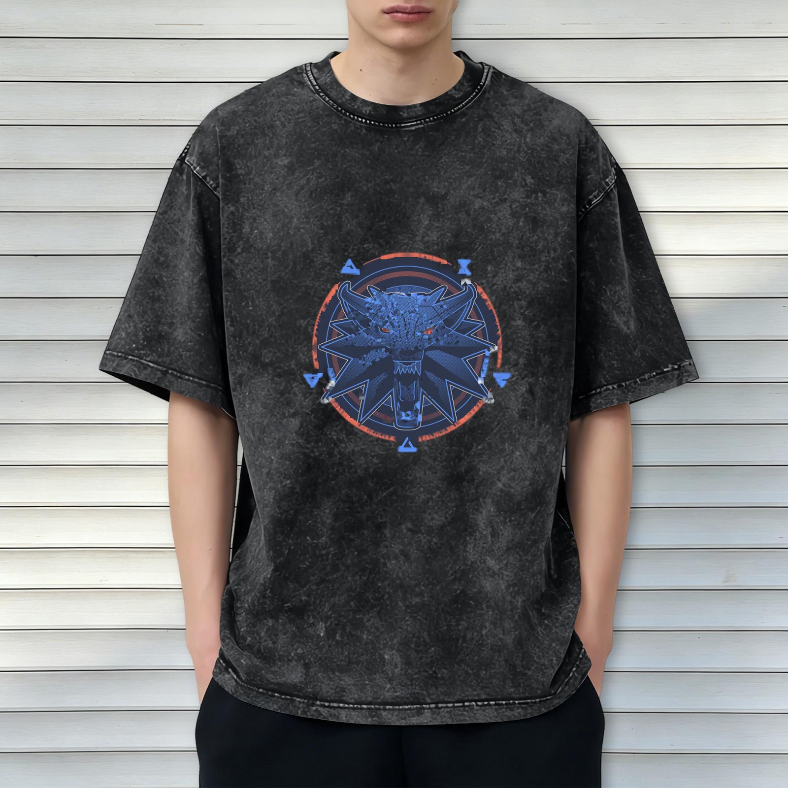 Witcher Wolf Medallion Graphic Stonewashed Black T-Shirt