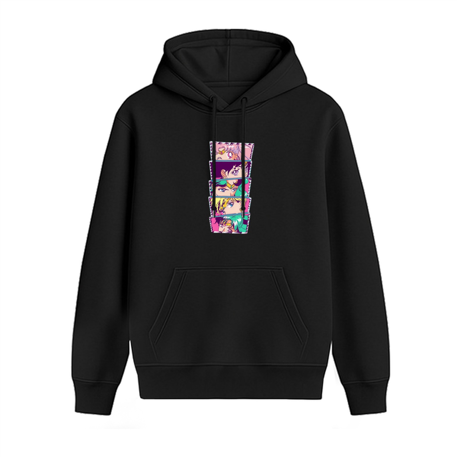 Black Hoodie with Vertical Stacked Anime Character Panels Print