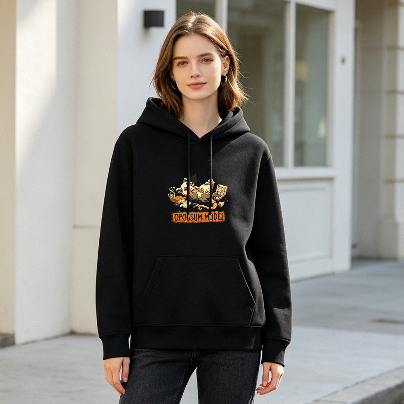 Black Hoodie with Opossum Mode Relaxed Graphic Print