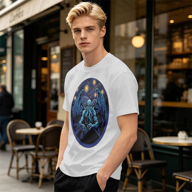 Olive T-Shirt with Cthulhu Starry Night Graphic Print