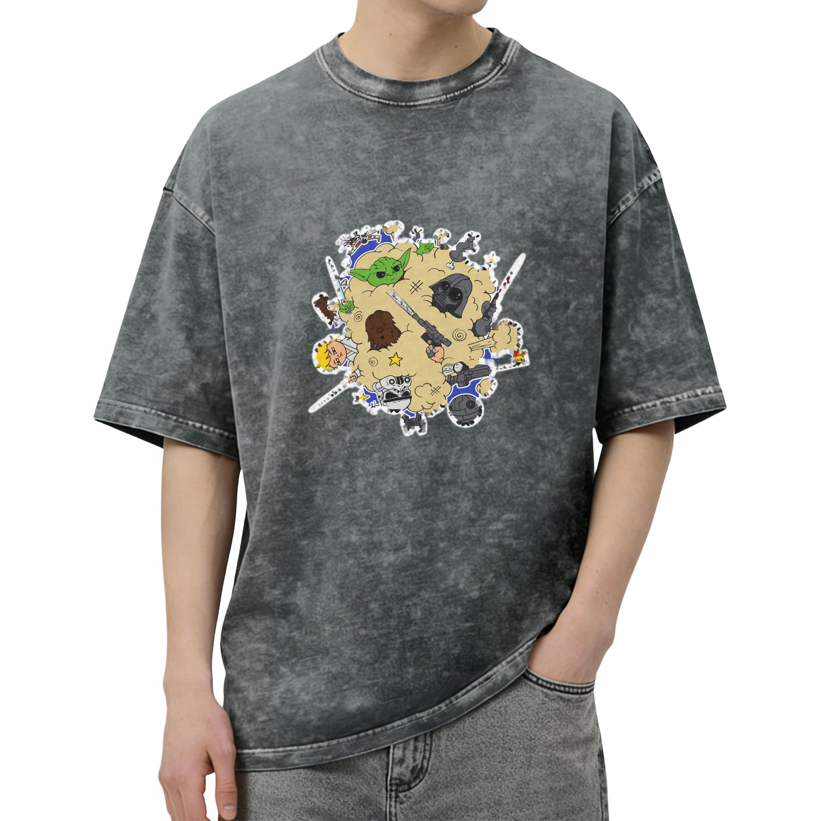 Washed Black T-Shirt With Cute Star Wars Character Collage Print